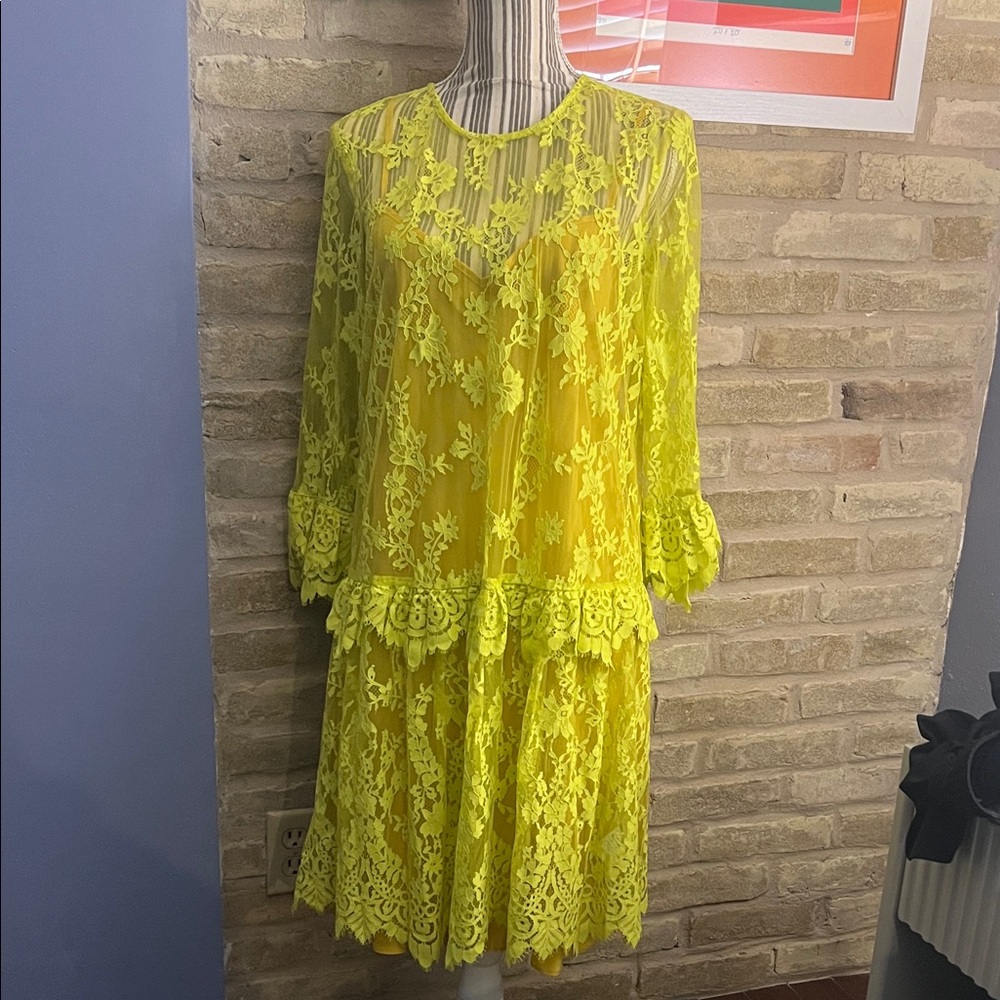 J. Crew Neon Yellow Lace Long-Sleeve Drop-Waist Dress